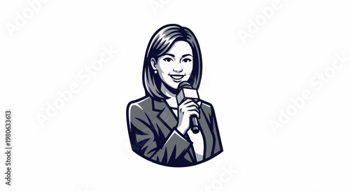 Professional woman holding microphone, smiling, black and white graphic