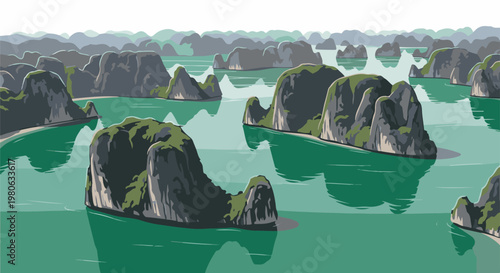 Pixelated limestone karst islands emerge from serene emerald waters