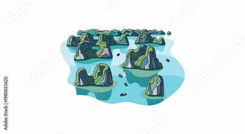 Pixelated limestone karsts rise from turquoise waters dotted with small boats