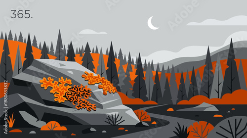 Autumnal forest landscape with orange lichen on rocks and a winding path under a gray sky illustration
