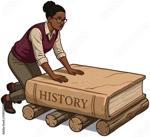 A dedicated scholar diligently pushes an enormous history book, symbolizing the significant effort required to move forward with the vast weight of knowledge and the journey of learning
