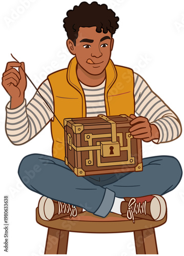 A young man sitting cross-legged on a stool excitedly holds a key and an old treasure chest.