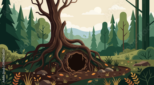 Robust tree with tangled roots forming a hollow den entrance in a vibrant autumn forest clearing