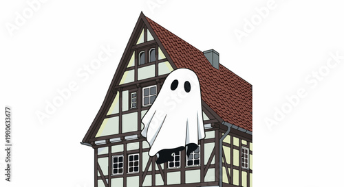 White cartoon ghost floats in front of an old European timber-framed house