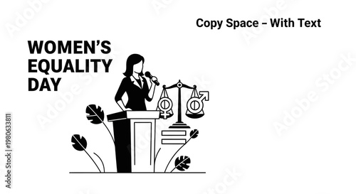 Woman speaking at a podium for Women Equality Day with justice scales icon.