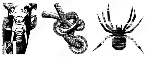 Three animal motifs rendered in stark black and white halftone, featuring elephant head, coiled snake knot, and spider silhouette, ideal for tattoo or graphic design.