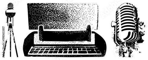 Classic typewriter with keyboard and carriage, flanked by vintage microphones, halftone texture, retro newsroom equipment, old school tools.
