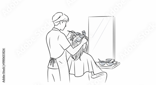 Stylist applies hair dye to client's hair in a salon setting with mirror