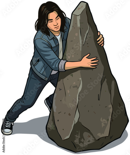 A person pushing a large rock uphill with effort and determination.