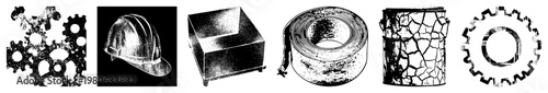 Mechanical gears, hard hat, metal box, coil, cracked paint can, isolated gear vector illustrations for engineering, safety, manufacturing, design, and industrial applications.