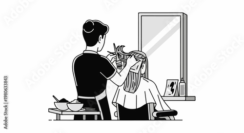 Stylist highlights client's hair in black and white illustration