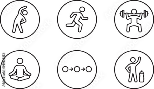 Minimalist fitness line icons set, 6 workout vector symbols for gym and wellness, black thin line exercise pictograms for health app design