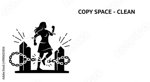 Silhouette illustration of a woman breaking free from metal chains.