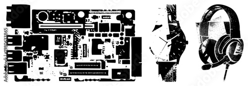 Vector graphic of tech items circuit board, wristwatch, headphones rendered in halftone style with stark black shapes, isolated foreground, no background.