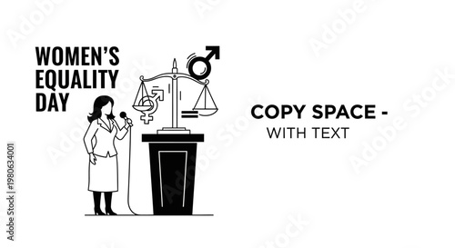 Woman speaking at podium for Women Equality Day with balance scales.