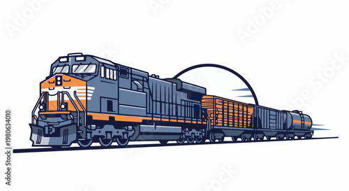 A cartoon freight train with a locomotive and multiple cars travels on tracks