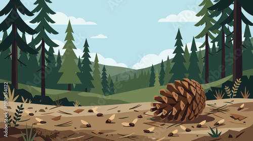 Pine cone on forest floor with tall evergreen trees and mountain view vector illustration