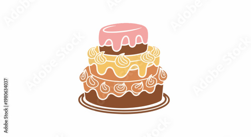 A stylized, three-tiered cake with pink frosting and drizzled icing