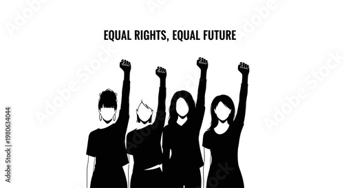 Group of diverse women raising fists for equal rights and equal future concept.