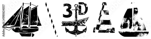 Sailboat, anchor, and traffic cone with distressed texture, maritime motifs, nautical signage, vector graphics, stylized sea symbols.