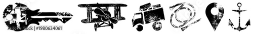 Vintage distressed including key, biplane, garbage truck, rope, map pin, anchor. vector symbols with worn texture, ideal for apps or UI design.
