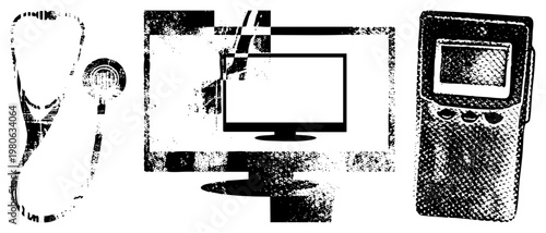 Medical stethoscope, computer monitor, handheld diagnostic device, black and white halftone illustration, medical tech, digital health tools, vector graphic with grainy texture.