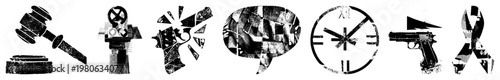 Gavel, gas mask, shattered head, speech bubble, analog clock, handgun, ribbon all rendered in halftone vector art, textured and stylized, isolated symbols for design or use.