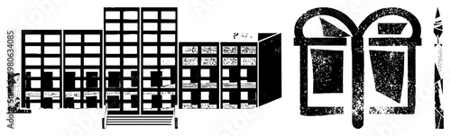 Black and white cityscape graphic featuring stylized buildings with textured windows, urban architecture, abstract, gritty urban art, minimalist vector composition.