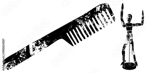 Distressed black comb with teeth, wooden artist mannequin with jointed arms raised, graphic vector art, stylized silhouette design, illustration.