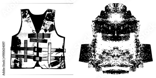 Vector life vest with halftone shading, safety flotation device, water rescue gear, buoyancy aid, maritime equipment.