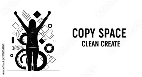 Silhouette of a triumphant woman standing with arms raised in celebration.