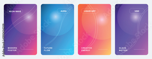 Collection of vibrant neon gradient posters with liquid aura and glowing spheres