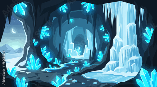 Ice cave with glowing blue crystals and frozen waterfall under moonlit sky vector illustration