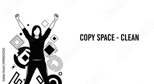 Silhouette of a happy person with arms raised surrounded by geometric shapes.