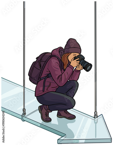 A photographer takes a photo on a glass platform outdoors.