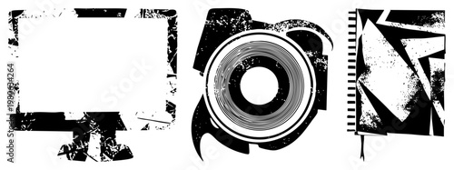 Grunge style digital camera lens, computer monitor, spiral notebook,, rough texture, vector symbols, creative tools.