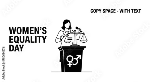 Woman speaking at a podium representing Women Equality Day with scales of justice.
