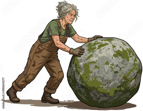 An elderly woman pushes a large green globe across the ground.