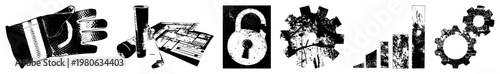 Set of vector symbols including work glove, rolled plans, padlock, mechanical gears, bar chart ideal for UI, tech, or industrial design.