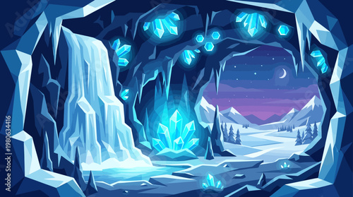 Glowing crystal cavern with frozen waterfall and ice formations under a crescent moonlit night sky inside a mountain landscape
