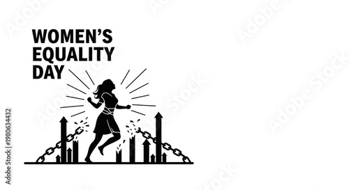 Womens Equality Day illustration featuring a silhouette of a woman breaking free from chains.