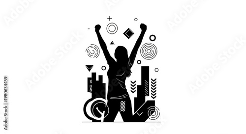 Silhouette of a triumphant woman celebrating success with arms raised.