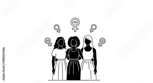 Illustration of diverse women standing together with equality symbols.