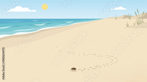 Small beetle walking on sandy beach with trail behind it flat vector illustration
