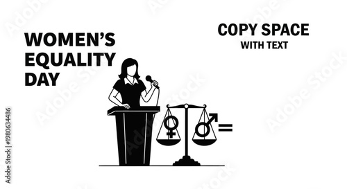 Woman speaking at a podium for women equality day with gender symbols on a balance scale.