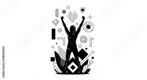 Silhouette of a triumphant person with raised arms and geometric abstract elements.