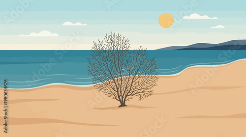 Withered tree standing alone on sandy beach by ocean flat vector illustration