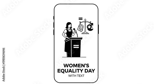 Smartphone display featuring a graphic illustration for Women Equality Day with a woman speaking at a podium.