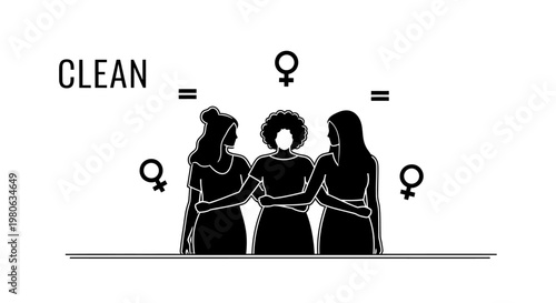 Black and white illustration of three diverse women standing together in solidarity with female gender symbols.