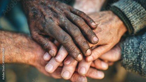 Hands of different ages and ethnicities stacked together symbolizing global unity and population diversity, soft natural lighting. Ai generated
